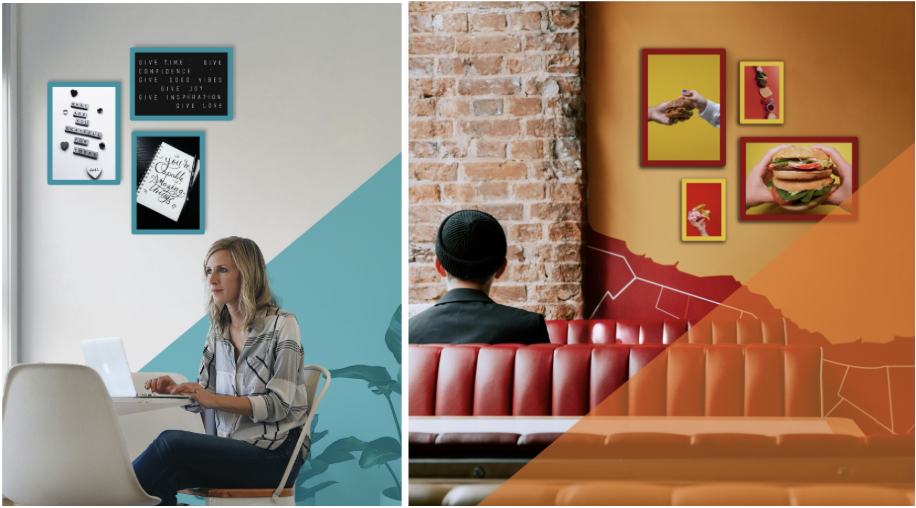 Mise en situation de cadres SlimPYX dans des environnements professionnels tel qu'un restaurant et un bureau