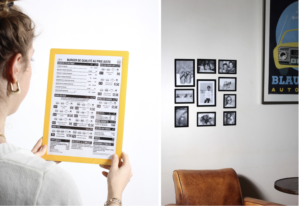 Cadre slimpyx dans un menu restaurant et composition noir et blanc dans un salon