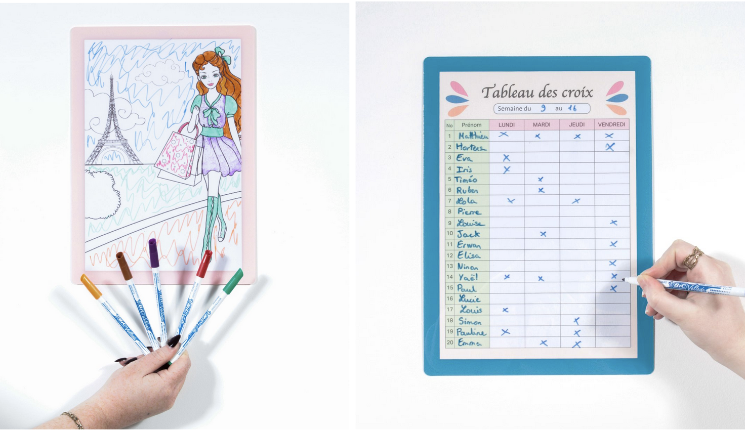 Exemple d'utilisations de cadre photo SlimPYX avec feutre velleda et coloriage enfant école