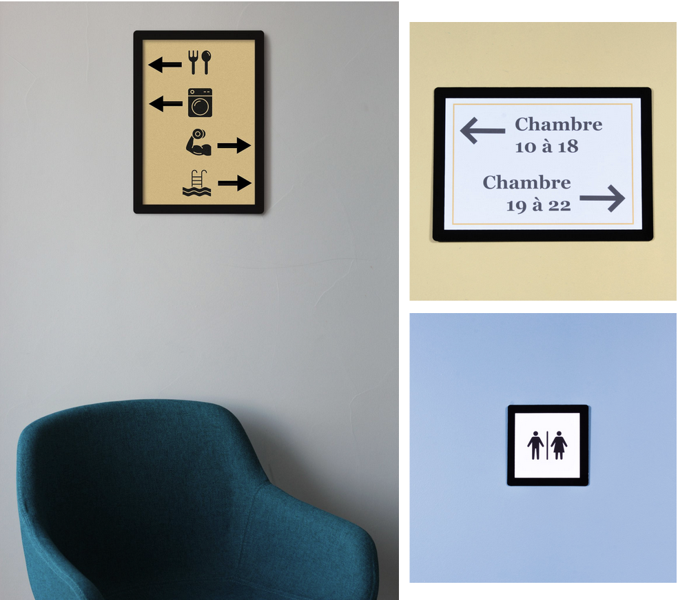 Exemple de signalétique d'hôtel avec les cadres SlimPYX