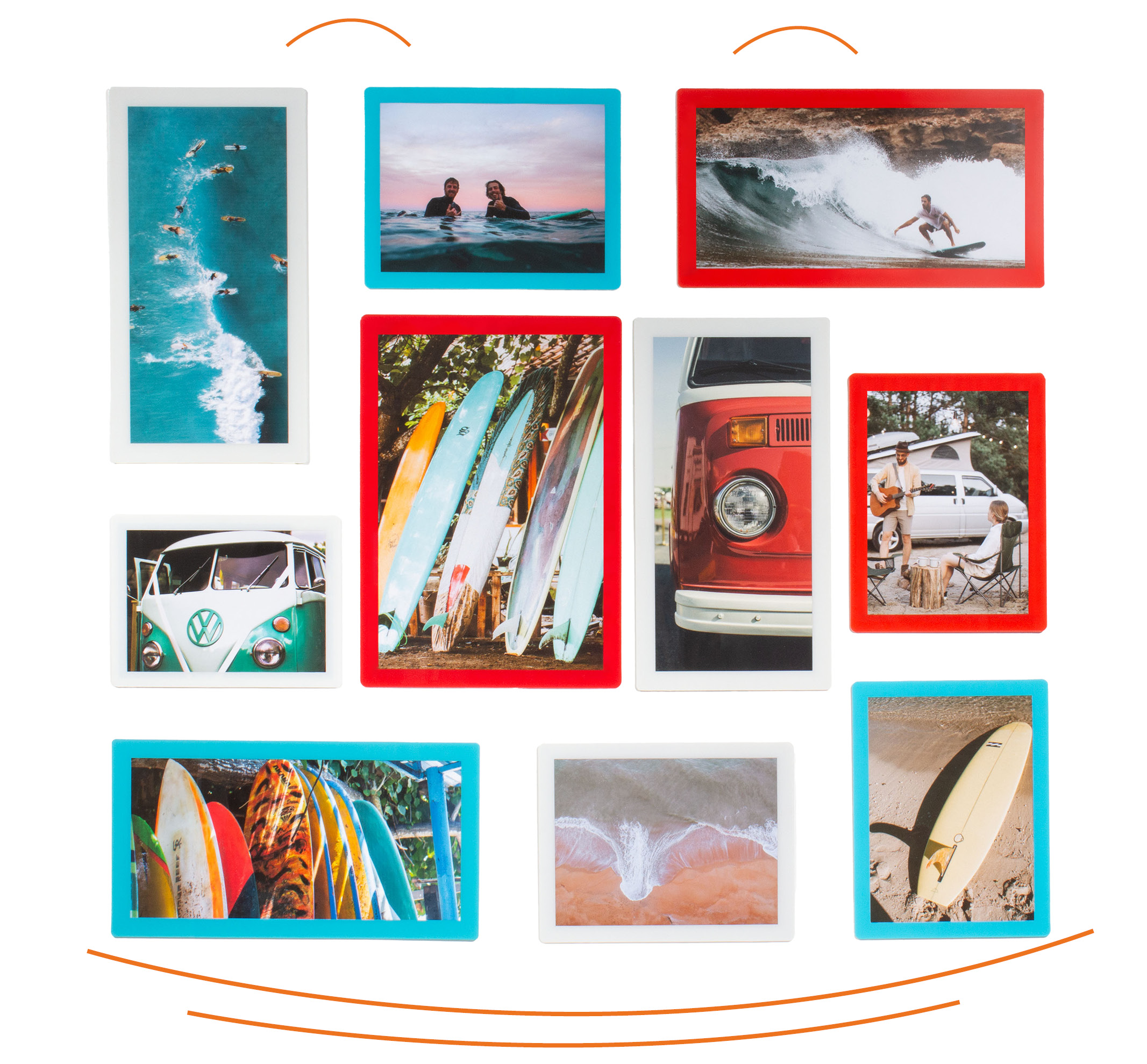 composition murale sur le thème du Surf et de la mer - couleurs turquoises, rouge et argenté