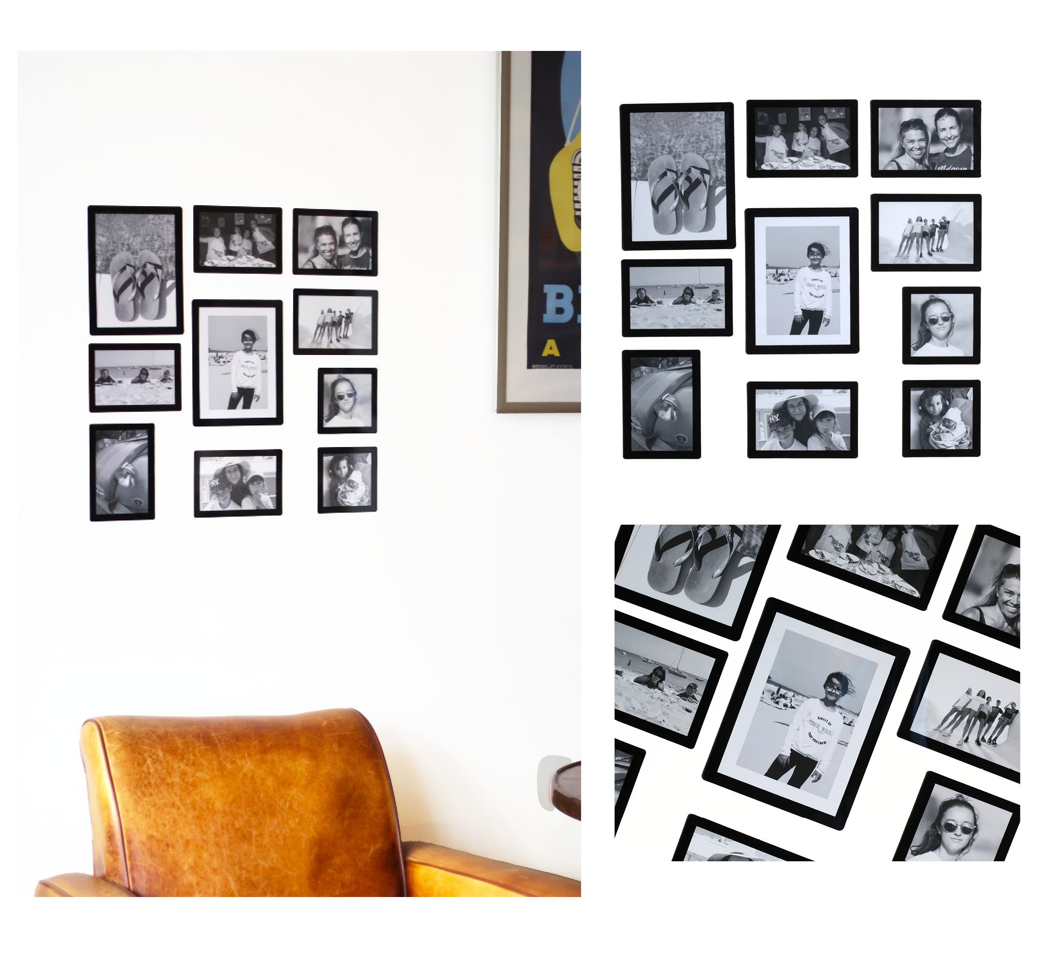 Une composition murale dans un salon au dessus d'un gros fauteuil en cuir orange brun. La composition est en noir et blanc et est composée de photos familiales