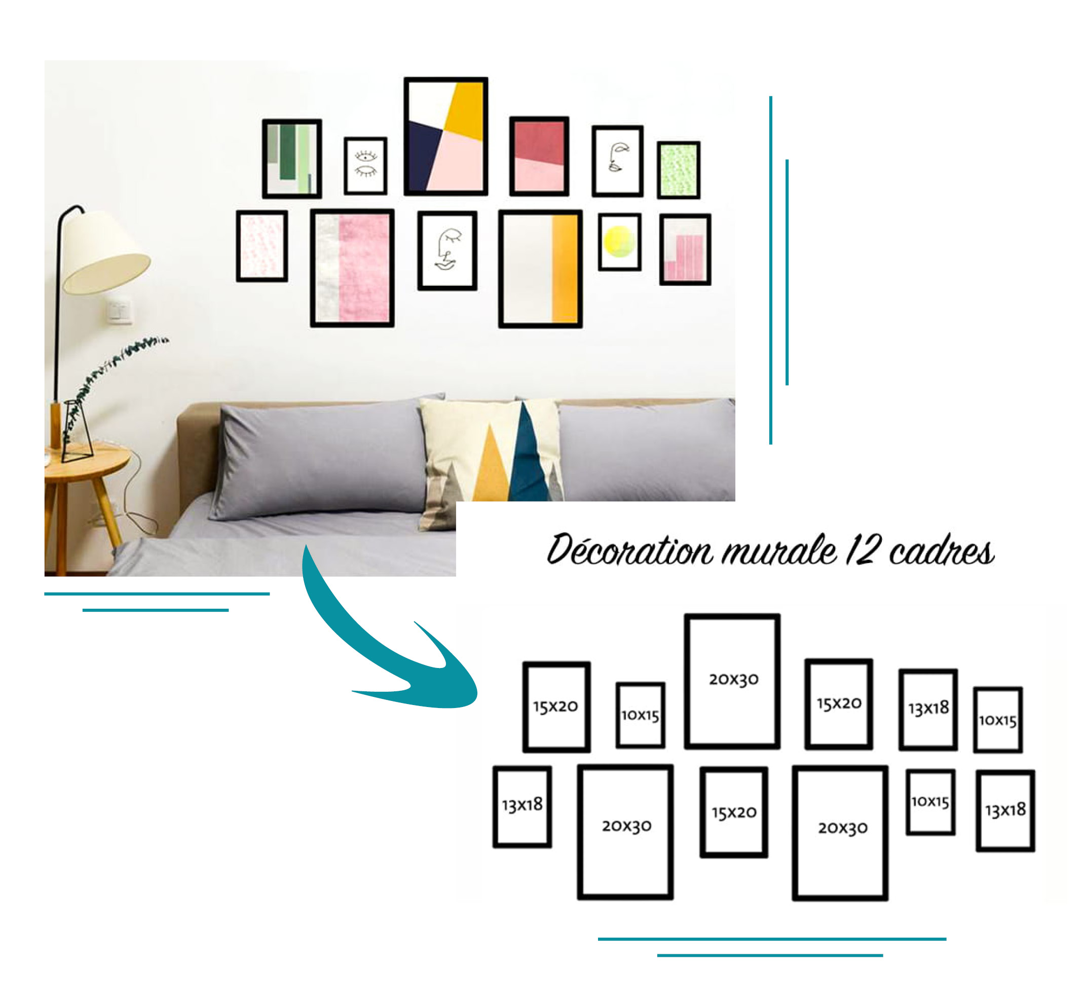 Composition murale chambre avec 12 cadres.
